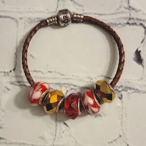 Pandora Leather Braid Bracelet with Five Beads Marked 925